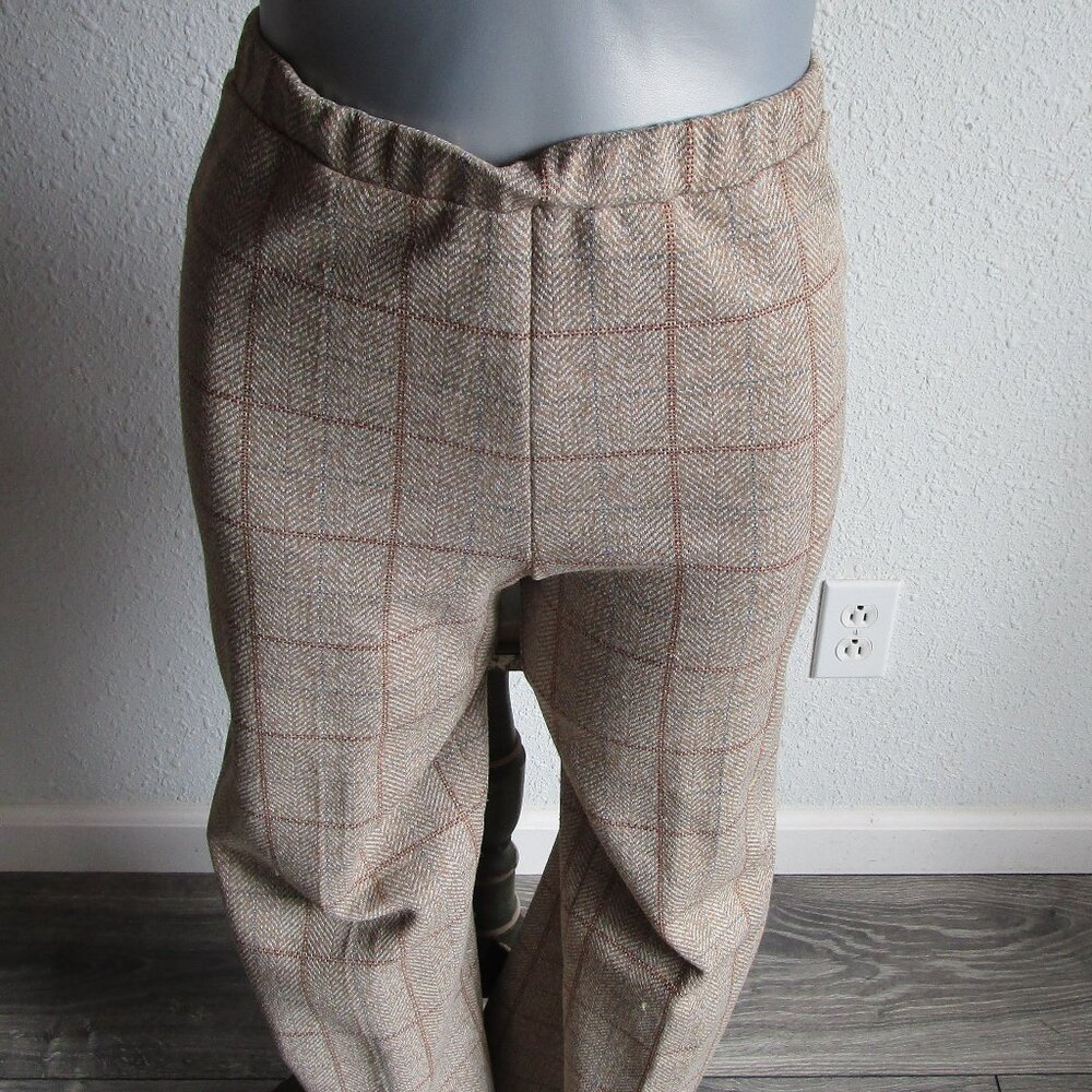 1970s slacks with elastic waist. Plaid, faux wool, used condition.